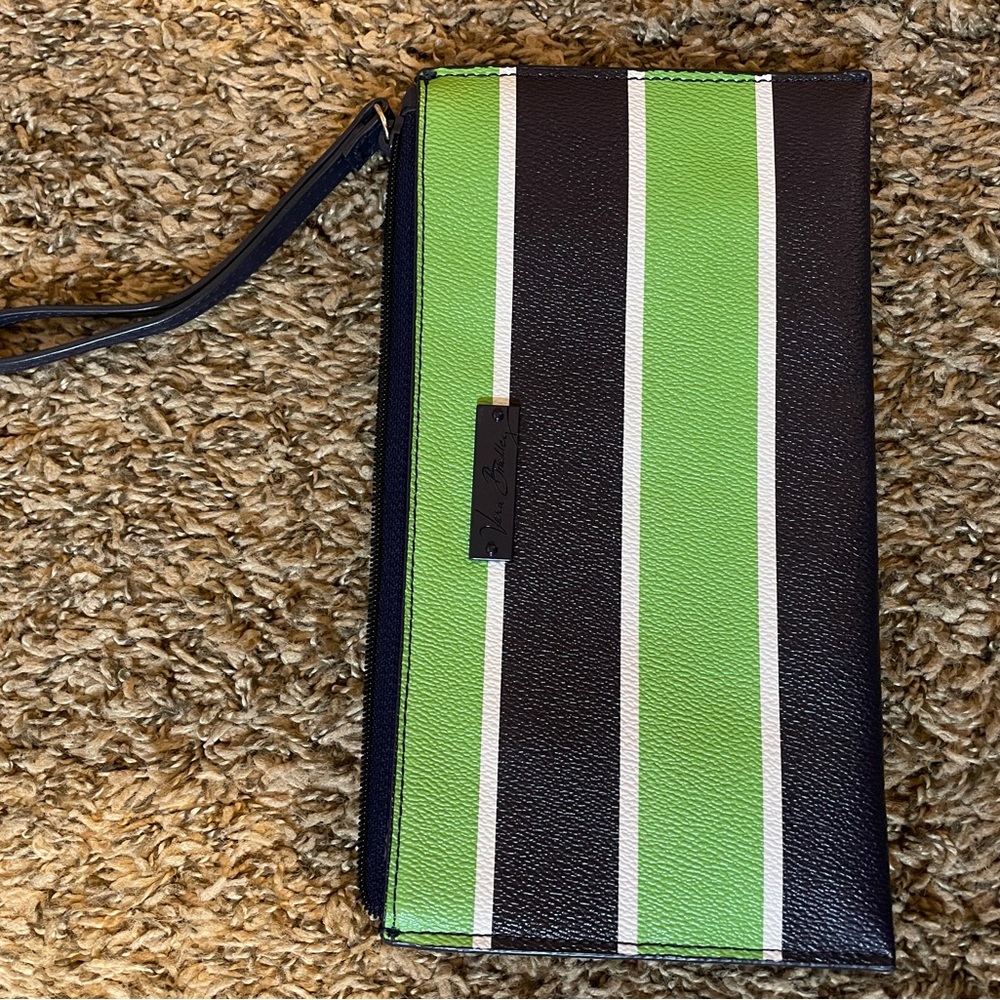 Vera Bradley coated canvas green and navy striped wristlet